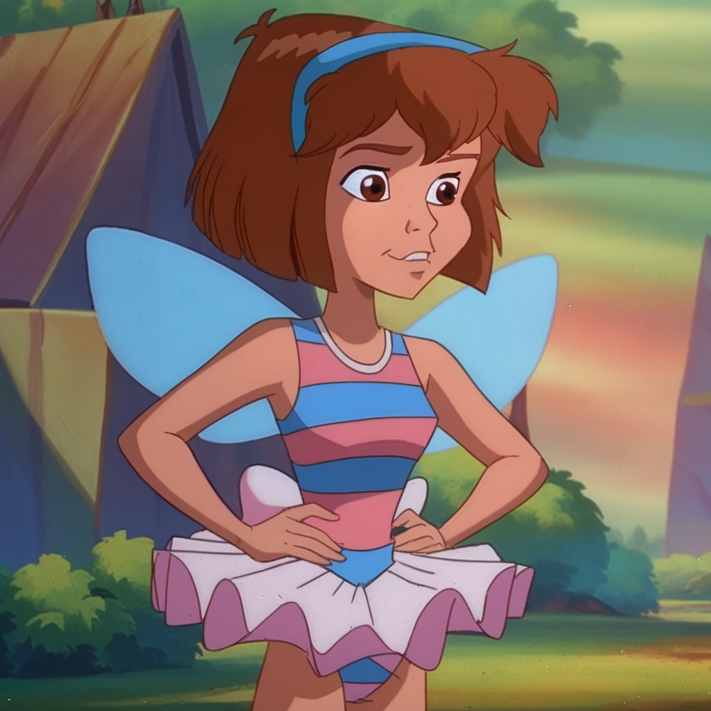 score_8_up, BREAK, BudgieFerngully, 1girl, solo, brown hair, short hair, brown eyes,   <lora:Budgie_PXL_Leaf1:1>, wings, hairband, striped leotard, sleeveless, tutu, forest, cowboy shot, hands on own hips, retro artstyle,