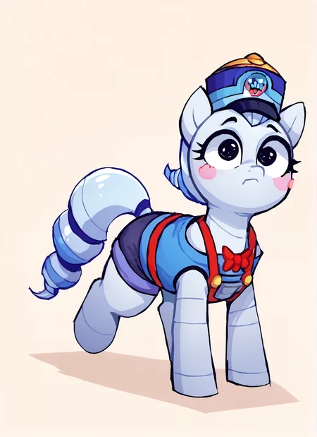 score_9, score_8_up, score_7_up, bslou , 1 girl , blue hat , robot, red suspenders, blue body , blush stickers, red bowtie , black minishorts , bare shoulders, <lora:bslou:1>( , horse girl, pony female , pony:1.1) all fours, <lora:SyrupyyyArt:1>syrupyyy