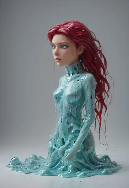 a jessie cover with slime that dissolves it, slimme disolving, sl1m3d, slime-morph,sl1m3d, slime-morph, EPpkJessie, long hair, blue eyes, red hair, hair slicked back,