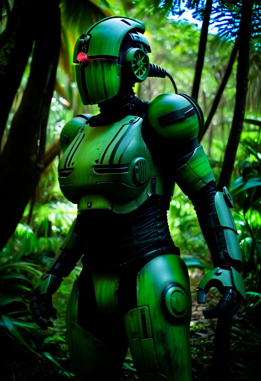 easynegative, extremely detailed, dark, chiaroscuro, low-key, AssaultronCosplay, zavy-strps, a green assaultron robot, ((the assaultron has black stripes painted on its armor)), ((tiger stripe pattern)), in the jungles of vietnam
