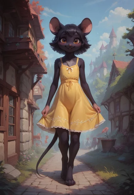 score_9, score_8_up, score_8,
tall cute thin girl, (furry:1.2), 1girl, solo, realistic fur, female mouse, mouse ears, black hair, short black hair hair, hazel eyes, details down to every fluff, chest tuft, black body fur, full yellow summer dress, forest trail, tail ribbon, stone wall, medieval town, walking in town, forest, beautiful sky, long mouse tail, small mouse feet, blush, flat chest, sexy eyes, looking at viewer, very detailed face, multiple angles, black fur, grey limbs, smiling, looking back, teasing, light behind, gorgeous, female furry, sheer dress, animal legs, realistic shadows, cute face with interesting details, walking, sheer,