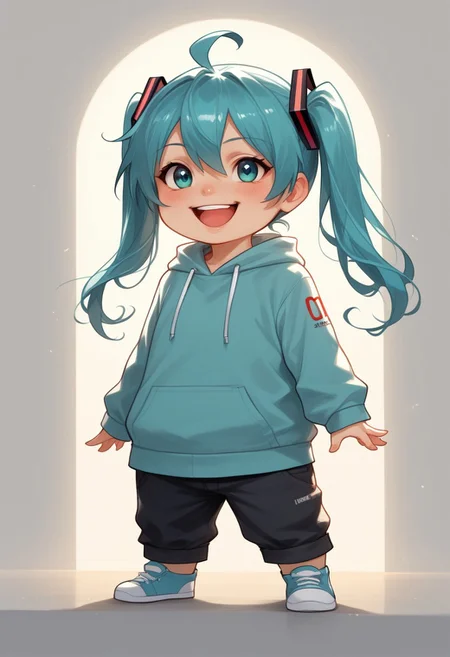 score_9, score_8_up, score_7_up, source_furry, solo, adorable chibi Hatsune Miku, happy, (chibi body:1.4), (indirect lighting, dynamic lighting:1.4), simple background, chibi art style, (detailed image, high resolution, 5k resolution:1.0), (realistic style, chibi art style, Las Lindas Art Style:1.2)