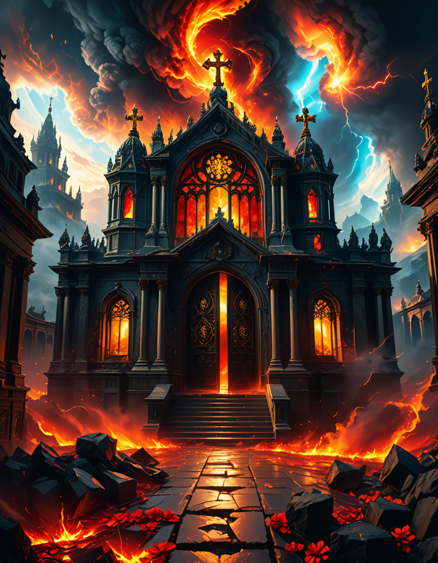 A once-majestic celestial temple, now under siege by the forces of Hell. The grand white stone structure is cracked and scorched, its golden crosses twisted and broken. The stained-glass windows, once glowing with warm divine light, are now shattered, with demonic symbols glowing ominously in their place. The sky, once a serene blue, is now consumed by dark storm clouds, swirling with red lightning and thick smoke.
Black, jagged chains extend from the sky, wrapping around the temple as if trying to pull it down into the abyss. The once-fluffy clouds beneath the structure are now a chaotic mix of fire, ash, and dark mist, with glimpses of molten lava cracks below. Infernal creatures with glowing red eyes lurk in the shadows, their silhouettes barely visible through the smoke and fire.
The temple doors are blown open, revealing an eerie red glow emanating from within, as if Hell itself is consuming the sacred space. Massive demonic runes are etched into the stone, pulsating with an unholy energy. The entire scene is bathed in a deep crimson and orange glow, giving it an apocalyptic and nightmarish atmosphere.
Style & Lighting:
- Dark fantasy, highly detailed
- Dramatic, high-contrast lighting with fiery glows
- Cinematic composition, epic scale
- Strong use of shadows, embers, and atmospheric foghighly detailed and atmospheric view from inside a massive birdcage, large enough for a human to stand inside. The cage is made of ornate, aged metal bars with intricate Victorian-style patterns, curving elegantly towards the domed ceiling. Sunlight filters through the gaps between the bars, casting long, dramatic shadows on the wooden floor. Delicate vines and small flowers have begun to grow around the bars, adding a touch of nature reclaiming the space. The background beyond the cage is blurred, hinting at a lush garden or a mysterious, abandoned mansion. The ambiance is serene yet slightly melancholic, with warm golden light illuminating dust particles floating in the air. Soft feathers are scattered on the floor, adding to the sense of quiet abandonment. The perspective makes the viewer feel as if they are inside the cage, looking outward, surrounded by both beauty and confinement. The style is highly detailed and realistic, with a cinematic and slightly surreal atmosphere.
<lora:SDXLFaeTastic2400:0.4> <lora:extremely_detailed:0.4> extremely detailed,evil celestial t3mpl3, <lora:evil_celestial_t3mpl3-p:1>, Masterpiece,best quality,hi res,8k,hi res,8k,award winning,(sharp focus, intricate, highly detailed),