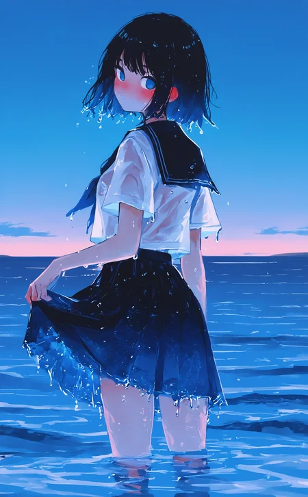 masterpiece, best quality, amazing quality, 1girl, solo, looking at viewer, short hair, blue eyes, shirt, skirt, black hair, standing, school uniform, white shirt, short sleeves, outdoors, pleated skirt, sky, serafuku, looking back, black skirt, sailor collar, from behind, water, blue sky, neckerchief, wet, ocean, wet clothes, wading, blue theme, water drop, skirt hold, horizon, dripping, gradient sky, wet skirt, Karinami Inkblush mode,thick ink outlines,soft marker gradients,era 2020s indie illustration,(Inkblush style:1.2), <lora:noobai_ep11_stabilizer_v0.138_fp16:0.3> <lora:XXX667:0.6> <lora:96YOTTEA-WAI:0.6> <lora:Karinami_Inkblush_mode_Illustrious_clean:0.5>