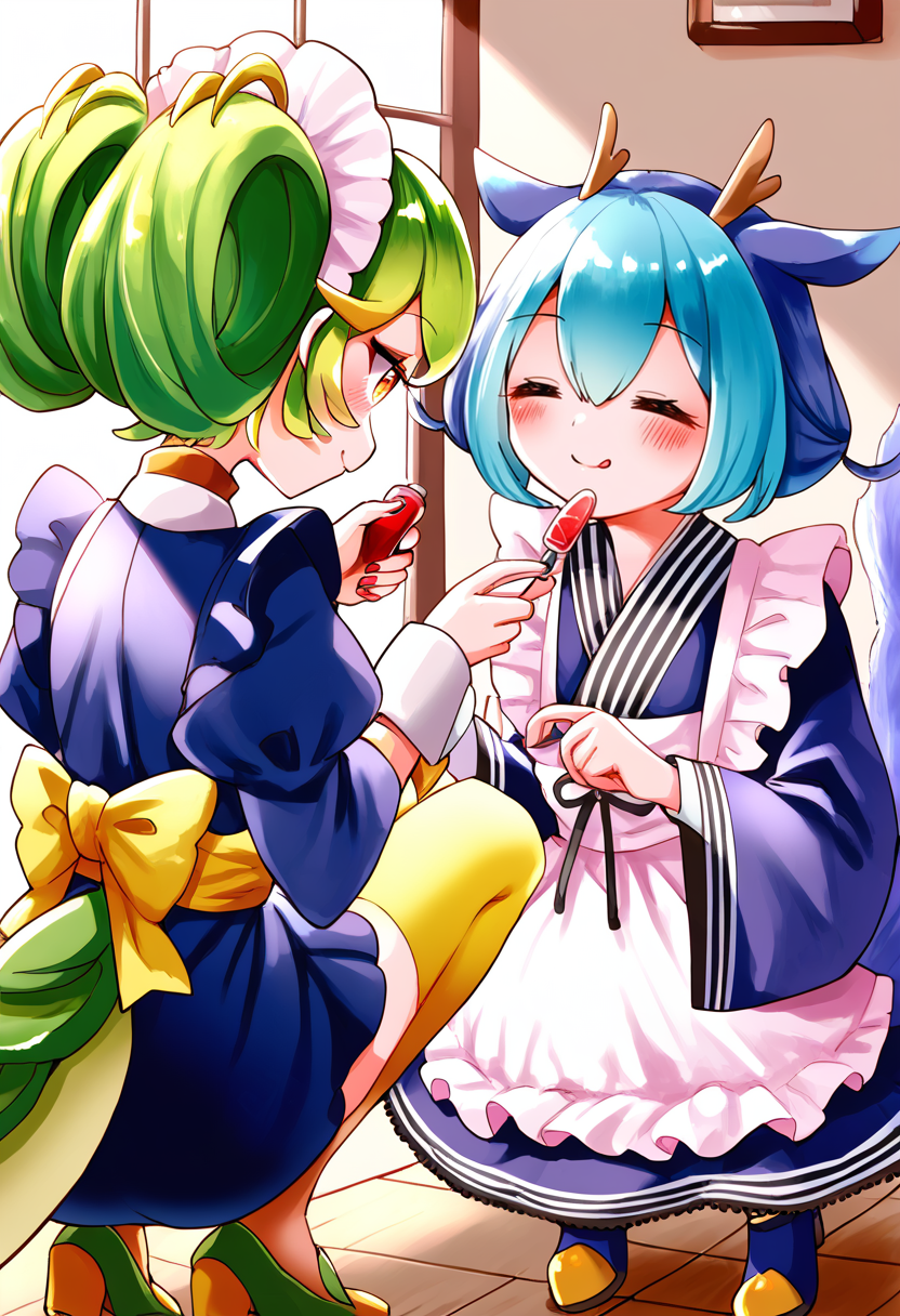 (score_9:0.9),score_8_up,score_7_up,anime style,rating_safe,(zPDXL),<lora:parlor dragonmaid ponyXL v2:0.8>,parlor dragonmaid,maid costume,yellow thigh boots,wrist cuffs,laundry dragonmaid,blue maid outfit,2girls,multiple girls,>_<,closed eyes,smile,makeup,squatting,blush,cosmetics,