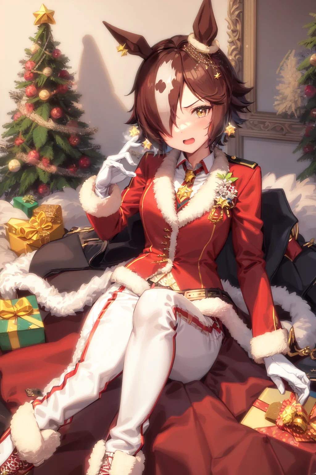masterpiece, best quality,
vodka \(umamusume\),
official alternate costume, christmas ornaments, red shirt, long sleeves, necktie, white gloves, sack, red footwear, shoes, white pants, black jacket, fur trim, belt, boots, vest
<lora:vodka_lora:0.8>