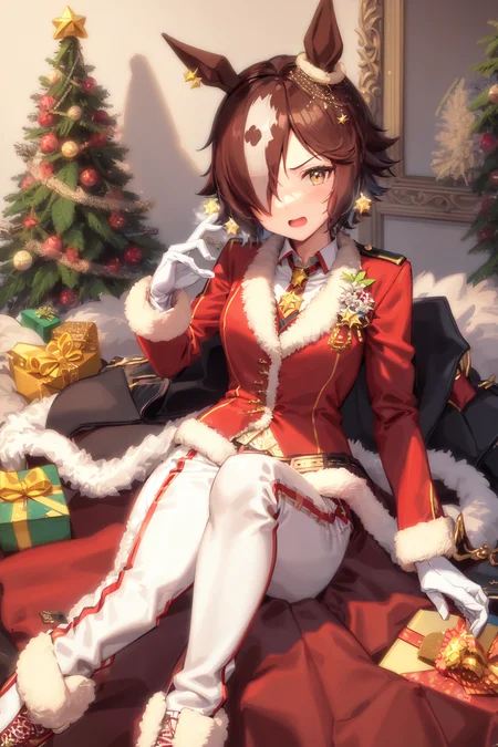 masterpiece, best quality,
vodka \(umamusume\),
official alternate costume, christmas ornaments, red shirt, long sleeves, necktie, white gloves, sack, red footwear, shoes, white pants, black jacket, fur trim, belt, boots, vest
<lora:vodka_lora:0.8>