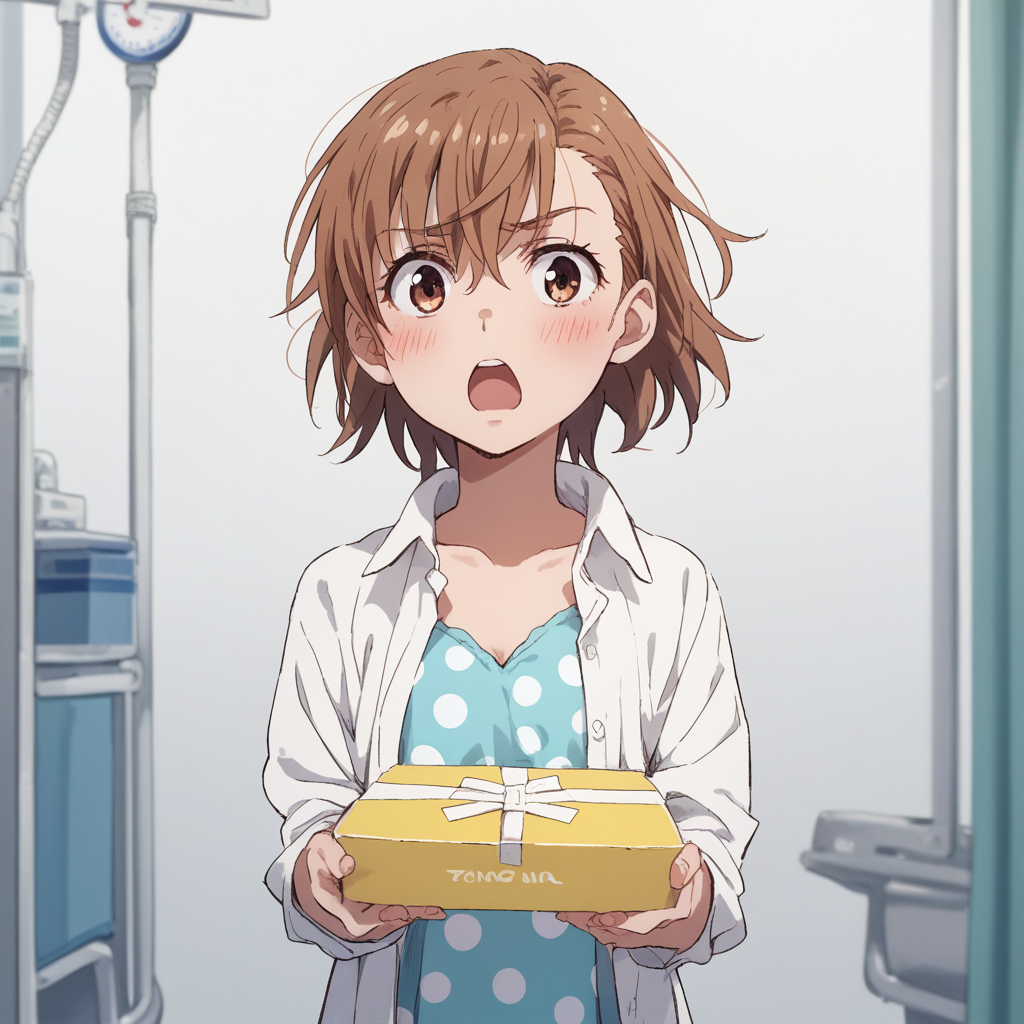 anime coloring, score_9, score_8_up, score_7_up, score_6_up, misaka20001 last-order, toaru, 1girl, solo, brown hair, polka dot, shirt, open mouth, short hair, parody, box, upper body, polka dot dress, holding, blush, white shirt, open clothes, blue dress, holding box, dress shirt, clinic, hospital interior