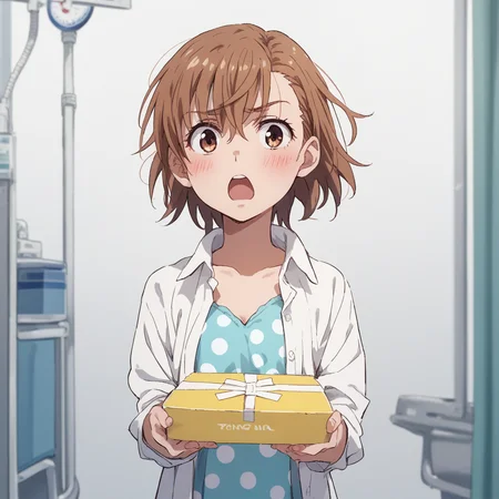anime coloring, score_9, score_8_up, score_7_up, score_6_up, misaka20001 last-order, toaru, 1girl, solo, brown hair, polka dot, shirt, open mouth, short hair, parody, box, upper body, polka dot dress, holding, blush, white shirt, open clothes, blue dress, holding box, dress shirt, clinic, hospital interior