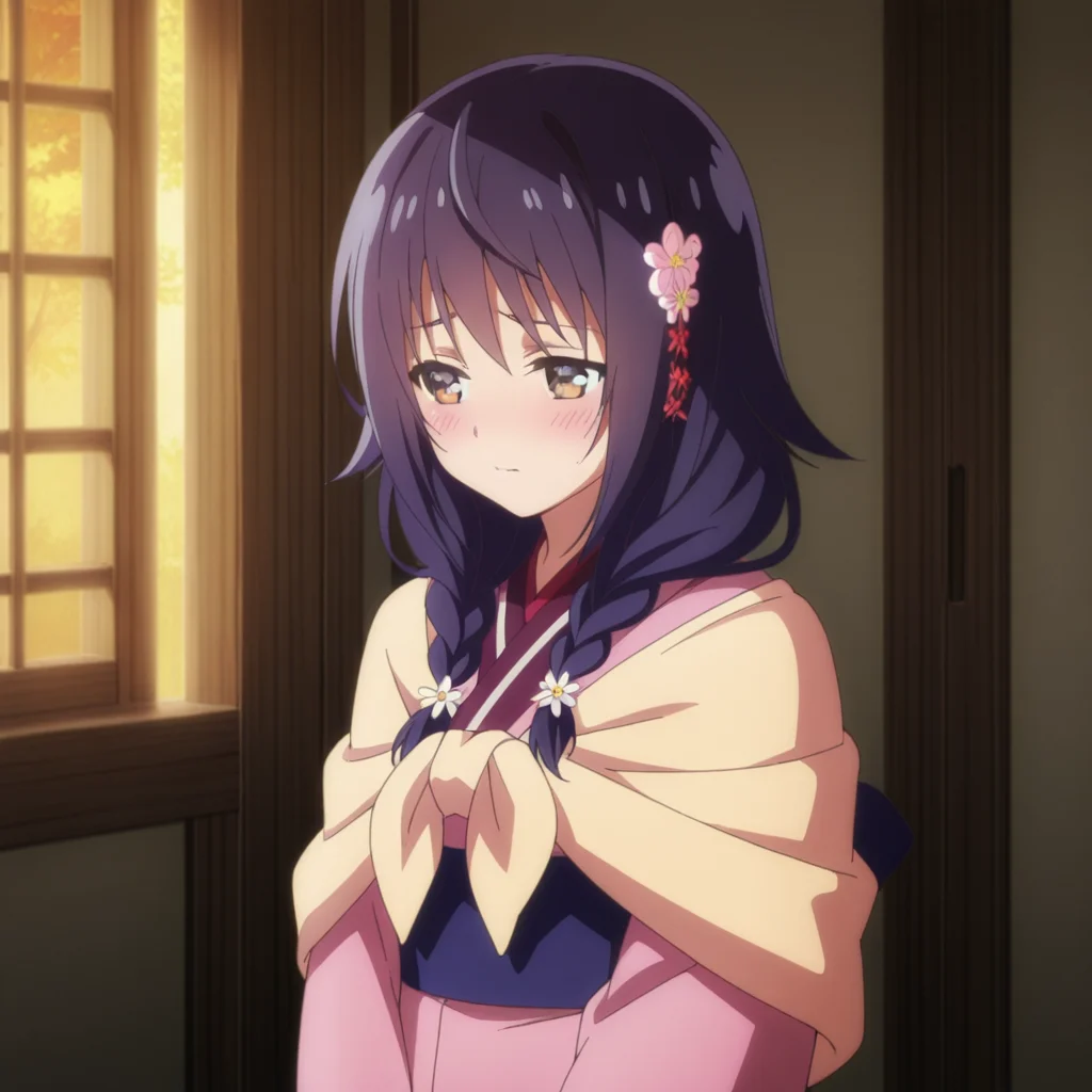 nsfw, masterpiece, best quality, 1girl, solo, seirei_gensouki_sayo, twin braids, braid, japanese clothes, kimono, hair ornament, hair flower, brown eyes, long hair, blush, purple hair, blue hair, indoors, <lora:Sayo_-_Seirei_Gensouki:0.7>