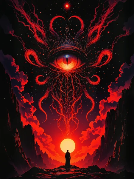 famous masterwork fantasy digital painting, hyper-realistic, photo-realistic, ultra detailed, high resolution, uhd, 8k, 4k, epic, highly aesthetic, dramatic, accurate, golden ratio composition, at night, dim lighting, countless threads enfold before me, one thousand strands of gold, i soar to new planes, a stunning singularity, a righteous cessation, i am nameless yet others name me, an epithet to fathom, i live on the wind, grandeur i no longer need, once sigma, severed, now omega, deserved, a mortal state, obsolete, new paradigm, divine, eye in the sky, maddening beauty, writhing appendages, ancient evil, arcane sigils, high contrast, the color palette is predominantly black and shades of red, lovecraftian, cthulhu mythos, aidmafluxpro1.1, arsmoviestill, 80s fantasy movie still, <lora:flux_pro1.1_detailer-v0.3-flux-by_aidma:0.6> <lora:style-80s_fantasy_movie-v3-flux-by_arsmachina:0.64>