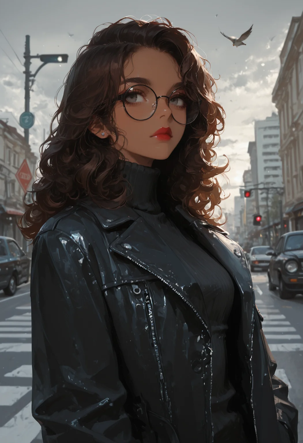 1girl, solo, long hair, looking at viewer, brown hair, long sleeves, brown eyes, jewelry, closed mouth, standing, jacket, upper body, earrings, outdoors, open clothes, sky, glasses, solo focus, day, cloud, dark skin, blurry, black eyes, sweater, open jacket, dark-skinned female, lips, coat, black jacket, looking to the side, grey eyes, eyelashes, makeup, turtleneck, bird, animal, wavy hair, expressionless, piercing, sunlight, sunglasses, thick eyebrows, cloudy sky, ground vehicle, wind, building, messy hair, ear piercing, motor vehicle, forehead, ribbed sweater, zipper, backlighting, black-framed eyewear, curly hair, black coat, serious, city, turtleneck sweater, sign, nose, round eyewear, unzipped, red lips, car, stud earrings, road, zipper pull tab, black sweater, leather, street, road sign, leather jacket, grey sky, looking over eyewear, traffic light, crosswalk,
<lora:ppw_v7_animv4_1_r2:0.6> <lora:748cm_illu:0.6> 7481llu <lora:69yottea_illu_v2:0.4> <lora:illustrious_all_rated_v1:0.6> masterpiece, best quality, very aesthetic, absurdres <lora:RetroAnime:0.4> In the style of Jedrta, retro anime