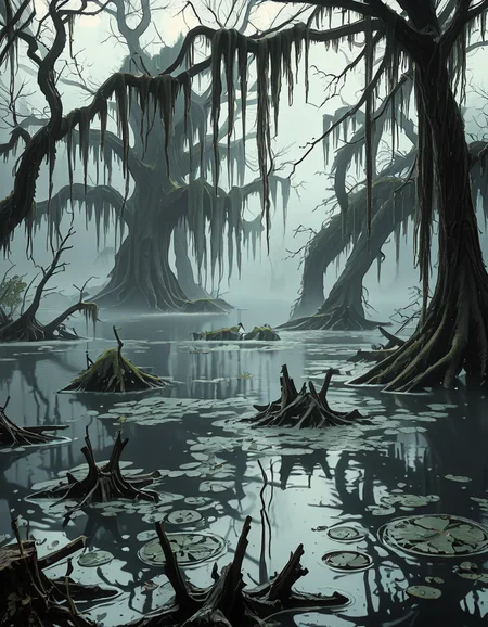 A dark and eerie swamp shrouded in thick mist, with twisted, gnarled trees rising from the murky water. Their bare branches reach out like skeletal fingers, draped in long, hanging moss. The water is still, reflecting the dim, overcast sky, with occasional ripples hinting at unseen movements beneath the surface. In the distance, decaying wooden structures, possibly remnants of an abandoned cabin or pier, are partially submerged and covered in moss. The air feels heavy and damp, filled with an eerie silence except for the occasional distant croak of a frog or the rustling of unseen creatures. Faint, ghostly lights hover above the water, casting an unnatural glow. The atmosphere is ominous and foreboding, evoking a sense of mystery and unease.
<lora:SDXLFaeTastic2400:0.4> <lora:extremely_detailed:0.4> extremely detailed, <lora:0m1n0us_sw4mp_ill:1>,0m1n0us sw4mp, Masterpiece,best quality,hi res,8k,hi res,8k,award winning,(sharp focus, intricate, highly detailed),