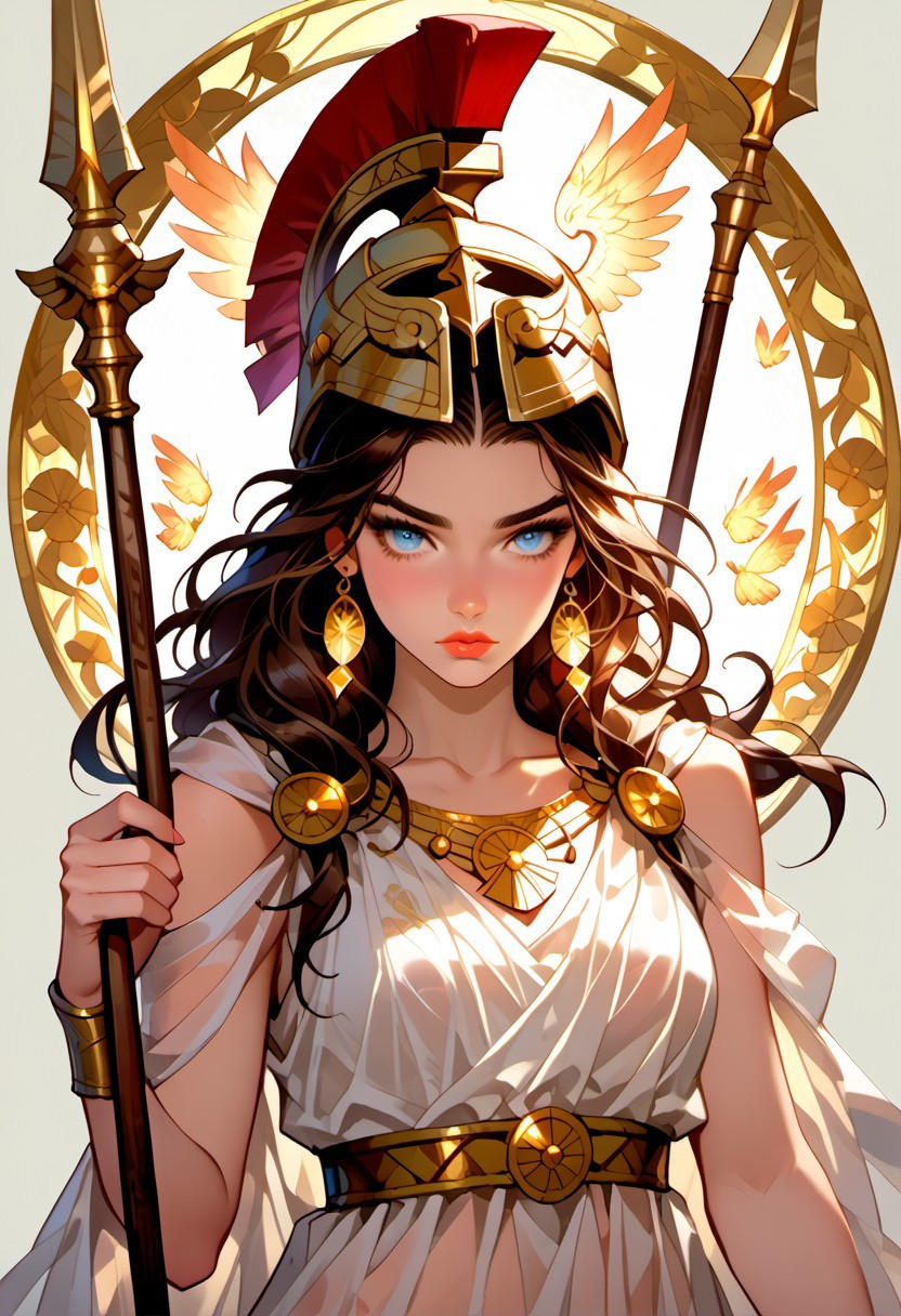 Stable_Yogis_PDXL_Positives, (score_9, score_8_up, score_7_up), ((zPDXL3)), ((zPDXLxxx)), ((Greek mythology style)), ((face focus, eye focus, dynamic angle, motion)), 1girl, solo, fantasy, (greek_athena, helmet ontop of head, brown hair, long hair, toga, armor, sandals), ((((sheer material, silk, semi-transparent clothes)))), (ancient greek clothes), (armor), (holding spear), lace, cape, breathless intimacy, tanned skin, petite model bombshell, heart, young, delicate features, narrow pointy nose, tiny nose, lust, big eyes, seductive eyes, blue eyes, detailed skin, flared lashes, mascara, makeup, perky huge breasts, athletic body, narrow waist, skinny hips, 
warm light, detailed, neon dark party
 BREAK
milky way, runes, arcane, astral, surreal, ethereal glow, masterpiece, best quality, intricate design. colorful, moonlit nightsky, stained glass aesthetic, moody whimsical color palette, murano glass, bold soldering lines, volumetric light shining through, crepuscular rays, intricate craftsmanship, detailed texture, luminous transparency, reflective light play, vivid hues, atmospheric depth, enchanting silhouette, art nouveau,