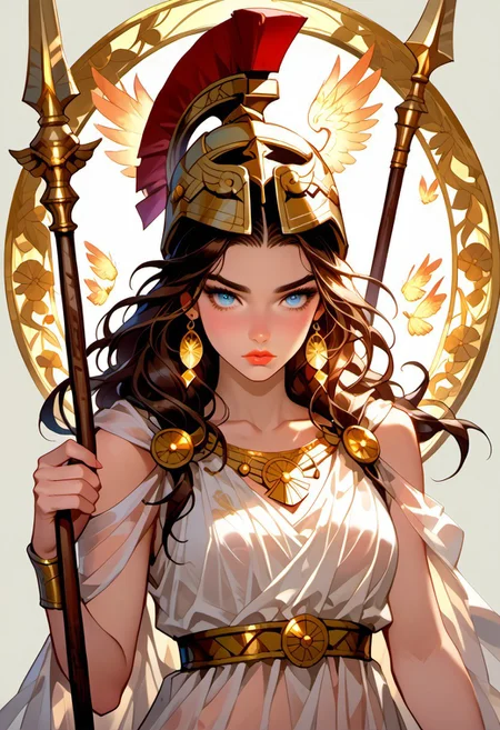 Stable_Yogis_PDXL_Positives, (score_9, score_8_up, score_7_up), ((zPDXL3)), ((zPDXLxxx)), ((Greek mythology style)), ((face focus, eye focus, dynamic angle, motion)), 1girl, solo, fantasy, (greek_athena, helmet ontop of head, brown hair, long hair, toga, armor, sandals), ((((sheer material, silk, semi-transparent clothes)))), (ancient greek clothes), (armor), (holding spear), lace, cape, breathless intimacy, tanned skin, petite model bombshell, heart, young, delicate features, narrow pointy nose, tiny nose, lust, big eyes, seductive eyes, blue eyes, detailed skin, flared lashes, mascara, makeup, perky huge breasts, athletic body, narrow waist, skinny hips, 
warm light, detailed, neon dark party
 BREAK
milky way, runes, arcane, astral, surreal, ethereal glow, masterpiece, best quality, intricate design. colorful, moonlit nightsky, stained glass aesthetic, moody whimsical color palette, murano glass, bold soldering lines, volumetric light shining through, crepuscular rays, intricate craftsmanship, detailed texture, luminous transparency, reflective light play, vivid hues, atmospheric depth, enchanting silhouette, art nouveau,