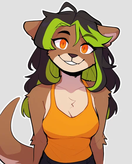 score_9_up, score_8_up, score_7_up, score_6_up, by remanedur, furry, furry female, half-length portrait, medium breasts, orange eyes, brown fur, female, looking at viewer, tail, orange tank top, black shorts, long tail, long hair, multicolored hair, green highlights, solo, smile, three-quarter view, head tilt, simple background, white outline, <lora:PDXL_artist_tags_v2_big:0.5> <lora:The-Minuscule-Task_PDXL_v1.0:0.6> <lora:Mango_mangoafterdawn:0.45>