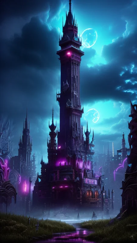 Neon noir,
Gothic style,
Masterwork Painting, Magnum Opus,
<lora:Wizard_Tower:0.75> witow, castle, cloud, cloudy sky, grass, no humans, scenery, sky, tower, tree,
<lora:Fantasy_Mountains:0.75> fanmou, footprints, forest, grass, nature, no humans, outdoors, sky ,
highres, 8k, uhd, High Dynamic Range, tonemapping, crisp details, intricate details, fine details,
. Dark, mysterious, haunting, dramatic, ornate, detailed,
. Cyberpunk, dark, rainy streets, neon signs, high contrast, low light, vibrant, highly detailed