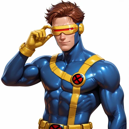 FutureFightStyle, ((semi realistic)), <lora:CYCLOPS:1>cyclops, solo, smile, short hair, brown hair, 1boy, gloves, closed mouth, upper body, male focus, belt, muscular, bodysuit, muscular male, pectorals, goggles, skin tight, superhero, blue bodysuit, yellow gloves, yellow belt, masterpiece, best quality, absurdres, newest, perfect quality, white background, intricate details, headshot