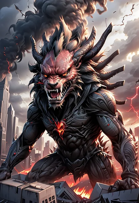 A Giant black lion Fenrir, protruding from gigantic city, fire emanates from its mouth, webbed wings, steel claws, horns, red eyes, angry, anger,1lion, feral, (((lion king head))), (((solo))), demonic, necromancy, xenomorphic skin, xenomorphic toes, focus, red eyes, demonic  angry, anger, realistic illustration, 4K, detail, apocalyptic, lightning, darkened sky. Background shapes mimic the blurred motion of the surroundings, creating a sense of urgency and excitement. The overall atmosphere is energetic and vibrant, capturing the essence of competition and speed in a modern, artistic style. Hyper-detailed digital art, contemporary and dynamic, vibrant colors, highly detailed, 8K resolution.
style of greg rutkowski, janek sedlar, jenny saville:0]  <lora:vivid_everclear:0.35>  <lora:Sinozick:0.35>  <lora:MJ52:0.35>