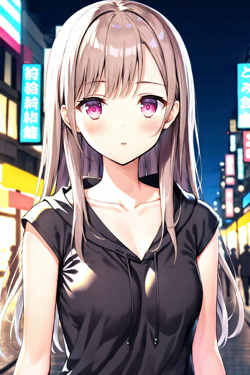 1girl, upper body, long hair, brown hair, pink eyes, black hoodie, cap sleeves, collarbone, outdoors, city, street, night, night sky <lora:CapSleeves_A4_Opt_v4:1>
