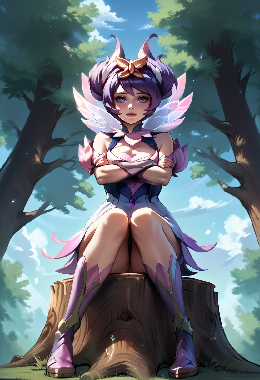 zPDXL2,  source_anime, 1girl, solo, mysticlux, sitting on a tree stump, arms crossed, from below <lora:Mystic_Lux_Pony:1>
