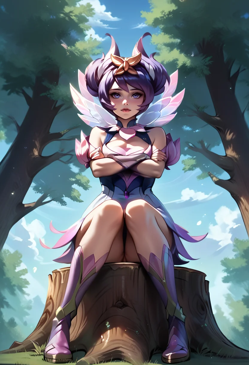 zPDXL2, source_anime, 1girl, solo, mysticlux, sitting on a tree stump, arms crossed, from below <lora:Mystic_Lux_Pony:1>