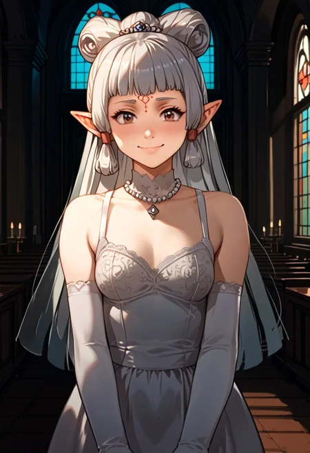 score_9, score_8_up, score_7_up, score_6_up, score_5_up, score_4_up, source_anime, , (best quality) , (highly detailed) , (best quality) , (highly detailed) ,((masterpiece)), ((best quality)), (ultra-detailed), ((extremely detailed)), (high resolution), 4K, (8K), best quality, (beautiful), (dynamic lighting), (super detailed skin), sharp focus, (1_girl, solo focus), masterpiece ,absurdres ,detailed face ,beautiful face , paya, elf ears, pointy ears, Dark skin, high ponytail, Dark Skinned Female
blush,bride, wedding dress, bridal veil, white dress, tiara, pearl necklace, indoors, church, sunlight, light rays, (light particles), elbow gloves, white gloves, garter straps, white thighhighs, gothic architecture, pillar, arch, smile, closed mouth, blush, sweatdrop, wedding ring, wedding,
(portrait, upper body), OverallDetail,