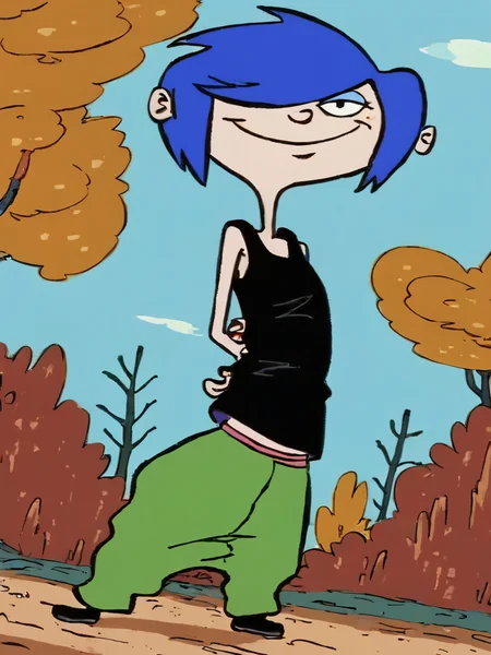 mariek, blue hair, short hair, hair over one eye, 1girl, solo, smile, green pants, tank top,standing,outdoors,looking at viewer,arms behind back, <lora:MarieKPony1.0:0.8> zPDXLxxx