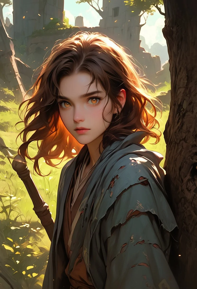 masterpiece, best quality, highly detailed, ultra-realistic, score_9, score_8_up, score_7_up, score_6_up, source_cartoon,
BREAK
1girl, solo, girl 27yo, wavy brown hair, hazel eyes, wearing a mage's robe that's been torn in battle, leaning against a tree with her staff in hand, (focus on her expression: weary, yet powerful), (background: a battlefield with smoke and fire, distant cries of battle), (atmosphere: chaotic, with a raw, unfiltered energy)
