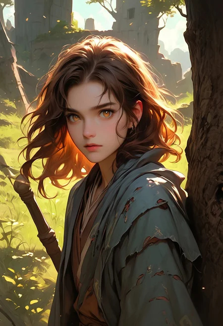 masterpiece, best quality, highly detailed, ultra-realistic, score_9, score_8_up, score_7_up, score_6_up, source_cartoon,
BREAK
1girl, solo, girl 27yo, wavy brown hair, hazel eyes, wearing a mage's robe that's been torn in battle, leaning against a tree with her staff in hand, (focus on her expression: weary, yet powerful), (background: a battlefield with smoke and fire, distant cries of battle), (atmosphere: chaotic, with a raw, unfiltered energy)