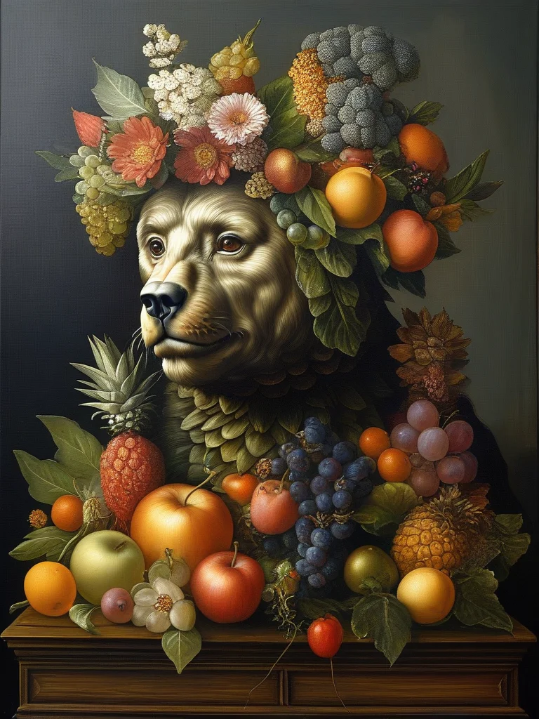 masterpiece,best quality,oil painting,illustration,(((bear))),style of Giuseppe Arcimboldo,fruits,vegetables,flowers,fish and books,<lora:tbh108-sdxl:0.8>,