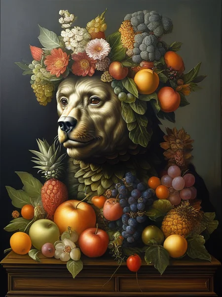 masterpiece,best quality,oil painting,illustration,(((bear))),style of Giuseppe Arcimboldo,fruits,vegetables,flowers,fish and books,<lora:tbh108-sdxl:0.8>,