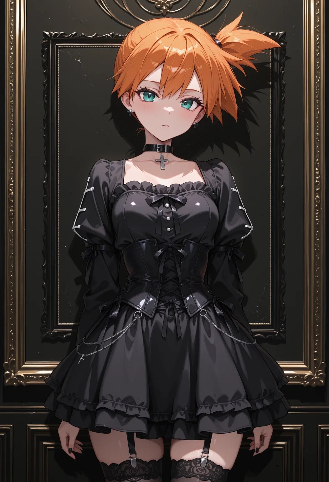 anime, masterpiece, best quality, detailed background, 8k, <lora:gothgirl:1>, goth girl, 1girl, misty (pokemon), choker,