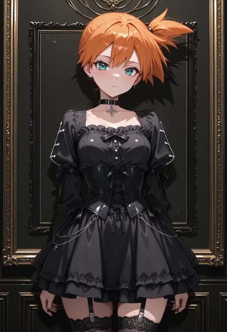 anime, masterpiece, best quality, detailed background, 8k,  <lora:gothgirl:1>, goth girl, 1girl, misty (pokemon), choker,