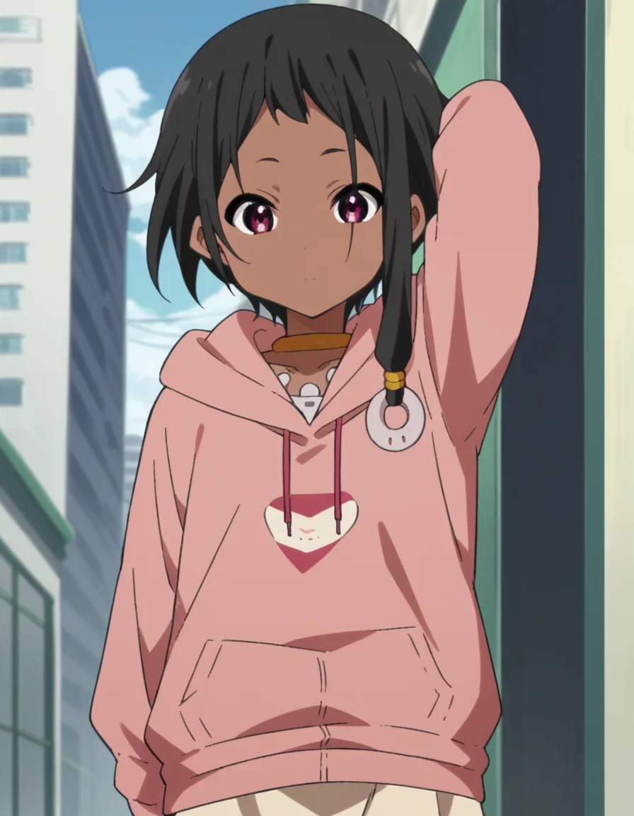 score_9, score_8_up, score_7_up, source_anime, <lora:choi-mochimazzi-s1-ponyxl-lora-nochekaiser:1>, choi mochimazzi, short hair, black hair, dark skin, dark-skinned female, pink eyes, sidelocks, jewelry, hoodie, pink hoodie, skirt,, megastructure, large, futuristic, building, complex, , hand behind head, , looking at viewer, solo,, dutch angle, cowboy shot