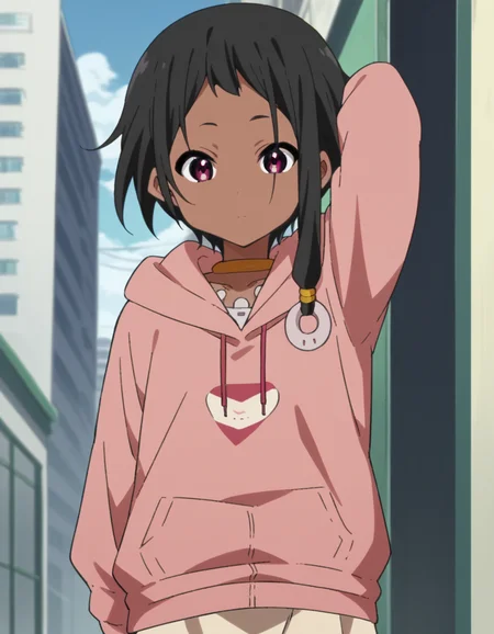 score_9, score_8_up, score_7_up, source_anime, <lora:choi-mochimazzi-s1-ponyxl-lora-nochekaiser:1>, choi mochimazzi, short hair, black hair, dark skin, dark-skinned female, pink eyes, sidelocks, jewelry, hoodie, pink hoodie, skirt,, megastructure, large, futuristic, building, complex, , hand behind head, , looking at viewer, solo,, dutch angle, cowboy shot