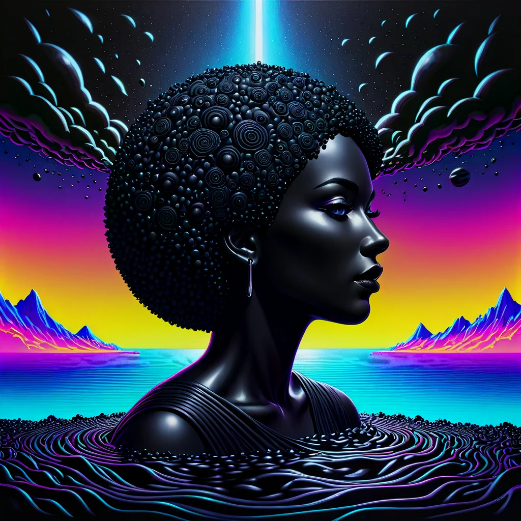 in the style of artgerm, comic style,3D model, mythical seascape, negative space, space quixotic dreams, temporal hallucination, psychedelic, mystical, intricate details, very bright neon colors, (vantablack background:1.5), pointillism, pareidolia, melting, symbolism, very high contrast, chiaroscuro
