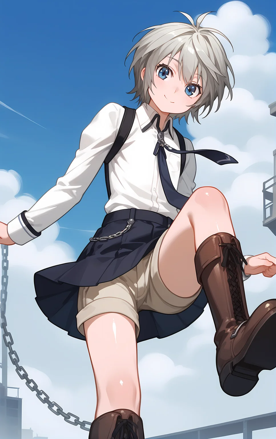(score_9, score_8_up, score_7_up), looking at viewer, smile, closed mouth, shiny skin,
ohwx, solo, 1boy, male_focus, blue_eyes, grey_hair, white_hair, short_hair,
androgynous, aged_down, boots, chain, long_sleeves, necktie, ribbon, school_uniform, shirt, shorts, skirt, suspenders, white_shirt,
vatican city, Balancing on one foot, pretending to be a flamingo,
<lora:shiina_pony_ss:1>