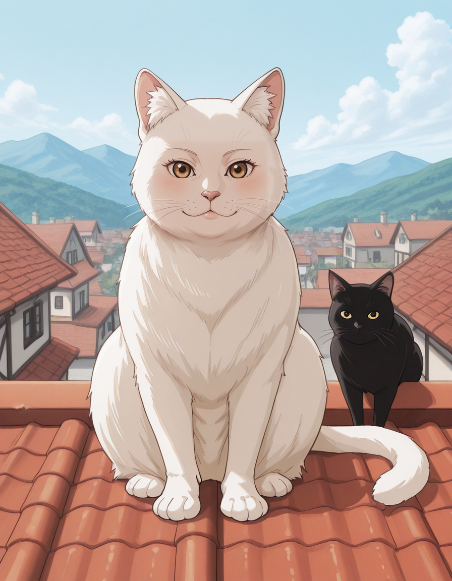 <lora:iwaoCIVITAI:0.25>, iwao178, uncensored, <lora:Artist_Style_-_Teracu_MC_ILXL:0.25>, terasuMC, <lora:milf_hunter_manhwa_ILXL_goofy:0.25>, <lora:MyLifeAsALoser_illustrious_Leaf2:0.25>, mlaal, <lora:Kishimoto_Naruto_Style:0.33>, <lora:one_piece_wano_style_ilxl:0.33>, one_piece_wano_style, <lora:vslinxtybwbleach:0.33>, vslinxbleachtybw style, 
(masterpiece, best quality, ultra-detailed, absurdres, newest, detailed textures, correct anatomy:1), 
no humans, 2cats, cute white cat with a chubby body and a black cat with messy fur sitting on a roof, bask in the sunshine, detailed medieval town with traditional houses and red tiled roofs, mountains in the background, clear blue sky with fluffy white clouds and a bright yellow sun, soft pastel colors, detailed textures on the roof tiles and houses, serene and peaceful atmosphere, calm and quiet town, playful and adorable cats, charming and whimsical scene, warm and inviting, detailed and intricate, vibrant and lively, cozy and quaint, picturesque and idyllic, harmonious and balanced composition, tranquil and soothing, delightful and heartwarming, beautiful and captivating, enchanting and magical, dreamy and fantastical, imaginative and creative