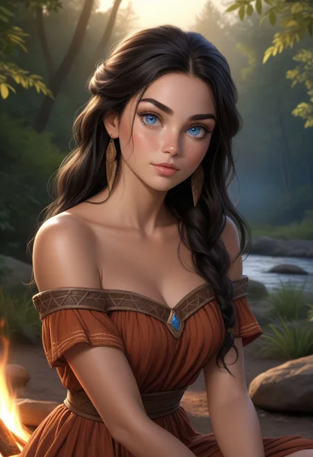 (photorealism:1.5)
female princess, thoughtful expression, gazing at the campfire, night forest in the background, warm sunlight, vibrant colors, high contrast, hyper-realistic, serene atmosphere, pensive pose, detailed, high-definition, reflective mood, peaceful setting, long black hair, blue eyes
slight freckles, long eyelashes, thick eyebrows, girl in off-shoulder old prehistoric dress, big neckline,
head tilt, playful, perfect hands, eye contact, midriff, toned, fit,