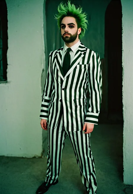 bjzzs, 1boy,suit, standing, jacket, beard, pinstripe pattern, vertical stripes, long sleeves, necktie, green hair, pants, shirt, striped, formal, prison clothes, poltergeist vibes, beetlejuice beetlejuice beetlejuice, Lomo, Shot on 70mm, Warm Color Palette, Kodachrome, ProPhoto RGB, Rim Lights, Backlight, Natural Lighting, masterpiece, official photography, best poltergeist, best quality