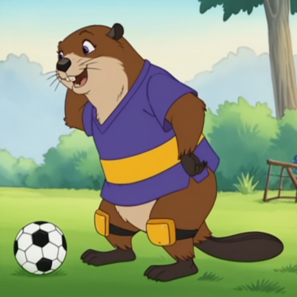 score_9, score_8_up, score_7_up, score_6_up, score_5_up, score_4_up, source_furry, beaverfrnkln, semi-anthro, female, beaver, brown fur, buck teeth, outside, in a field, purple shirt, yellow knee pads, soccer