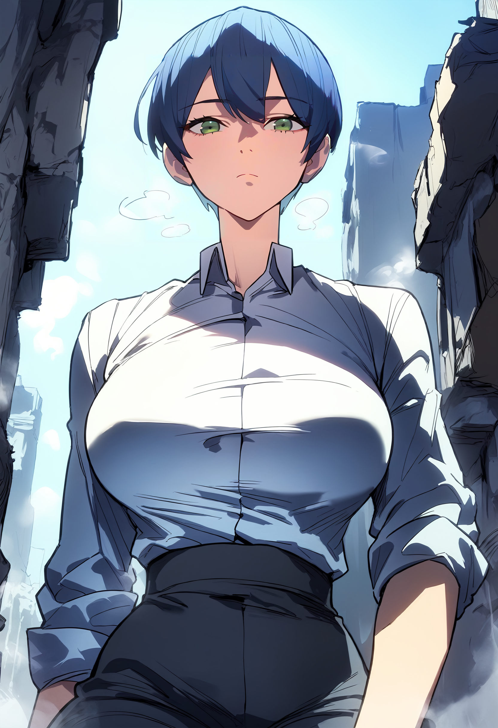 score_9, score_8_up, score_7_up, score_6_up, source_anime, rating_explicit, 1girl, solo, huge breasts, <lora:Yu a-yeongponyxl:1> short hair, green eyes, black hair, blue hair, white shirt, collared shirt, sleeves rolled up, black gloves, black pants, expressionless, Narrow shoulders, heavy breathing, steaming body, ruins, outdoors, looking at viewer, close-up