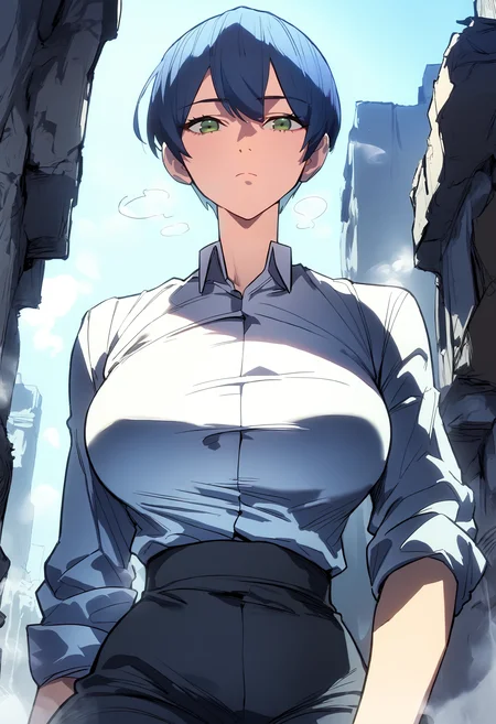 score_9, score_8_up, score_7_up, score_6_up, source_anime, rating_explicit, 1girl, solo, huge breasts, <lora:Yu a-yeongponyxl:1> short hair, green eyes, black hair, blue hair, white shirt, collared shirt, sleeves rolled up, black gloves, black pants, expressionless, Narrow shoulders, heavy breathing, steaming body, ruins, outdoors, looking at viewer, close-up