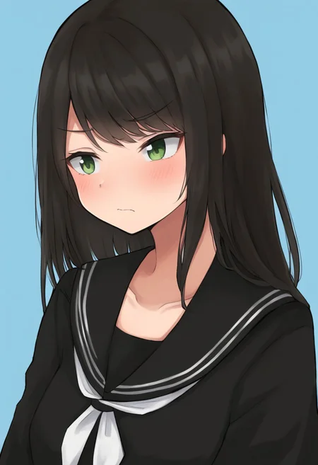 1girl, black sailor collar, black serafuku, black shirt, blouse, blue background, blush, collarbone, frown, green eyes, long hair, neckerchief, portrait, sailor collar, serafuku, shirt, simple background, solo, white neckerchief