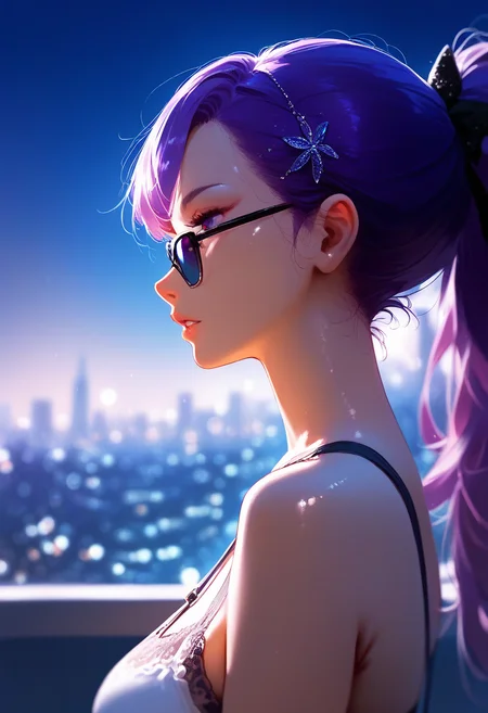 score_9, score_8_up, score_7_up, score_6_up, source_anime, <lora:AIU 0.6v:1>, AIU, 
1girl, solo, long hair, hair ornament, ribbon, purple eyes, purple hair, ponytail, parted lips, blurry, from side, blurry background, profile, makeup, depth of field, night, sunglasses, portrait, cityscape, night,