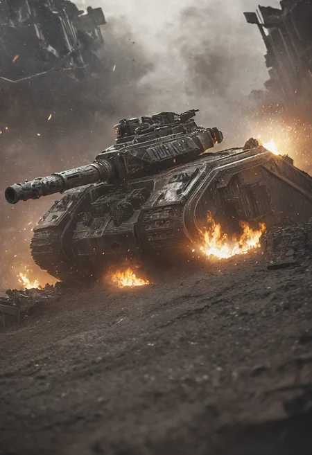 cyberpunk, Hyperdetailed, Omnipresent, Beautiful, , otherworldly,score_9, score_8_up, score_7_up, depth of field, detailed, solo, high resolution, 8kA visceral snapshot of a lmnrsstnk tank in the thick of combat, its armor scorched and dented from enemy fire. The tank pushes forward through a devastated cityscape, its main cannon blasting away obstacles and foes alike. Infantry soldiers rally around it, using the tank as a moving bastion against the onslaught. This moment captures the Leman Russ as the backbone of the Imperial Guard's might, Battlefield landscape background,volumetric cinematic lighting,highly detailed armor,, (masterpiece), (realistic), 8k, RAW photo, octane render, volumetrics, (film grain, bokeh), Battle background, weapons, fire, explosions,Dynamic Angles: Use dramatic camera angles,