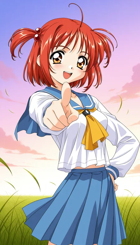 general,highres, ultra-detailed,very aesthetic,best quality ,best hands, BREAK <lora:Megumi_Spiral_NAMI_IS:1>Normal_Megumi, 1girl, red hair, short hair, hair bobbles, brown eyes, medium breasts, twintails, two side up, hair ornament,
BREAK,
solo, school uniform, serafuku, pointing, blue skirt, hand on hip, long sleeves,
open mouth, smile, pleated skirt, looking at viewer,
smile,looking at viewer, cowboy_Shot,
grass, sky,