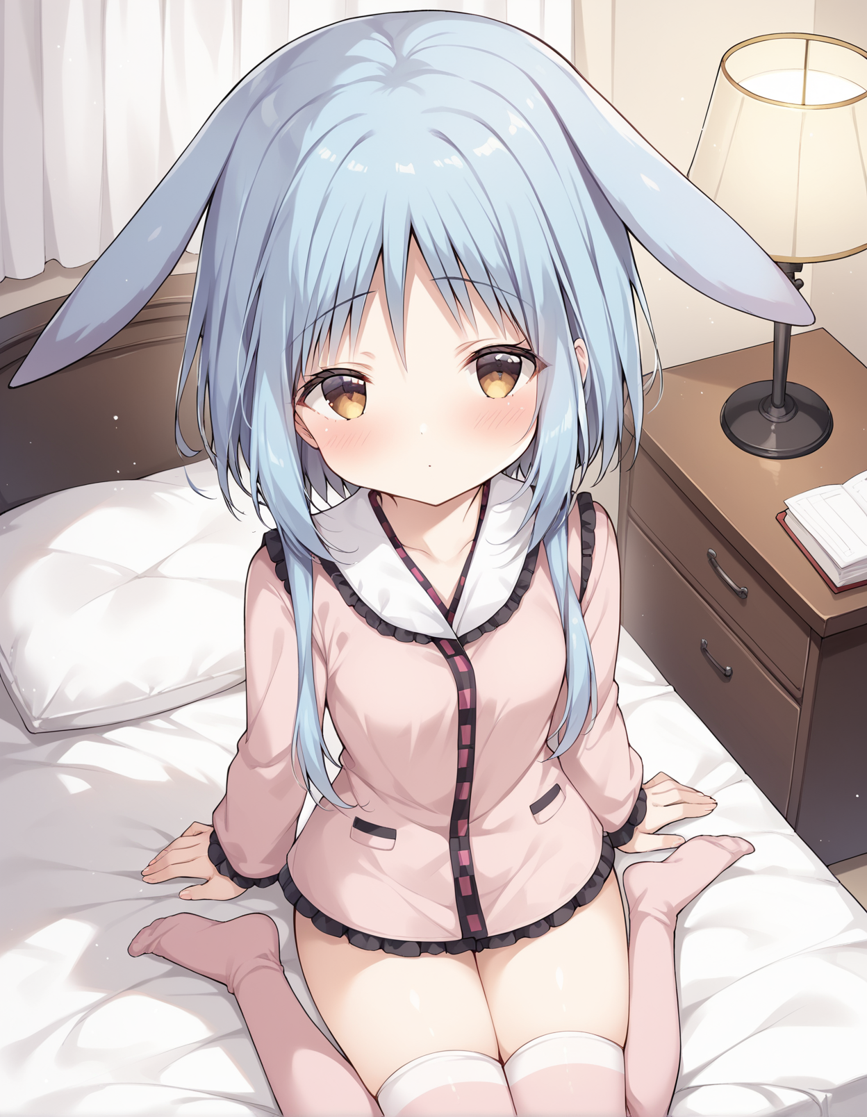 score_9, score_8_up, score_7_up, score_6_up, score_5_up, score_4_up, source_anime, rating_explicit, BREAK <lora:kaguyaMomoseXL_LoRA-C3Lier_AdamW_Dim32_Alpha32_UN-3e-4_TE-1.5e-4_6batch_ponyDiffusionV6XL_v6StartWithThisOne:1>, kaguya momose, 1girl, yellow eyes, blue hair, small breasts, rabbit ears, pink pajamas, thighhighs, blush, sitting, head tilt, looking at viewer, facing viewer, from above, pillow, bed, bed room, desk lamp, curtains, night, shadow