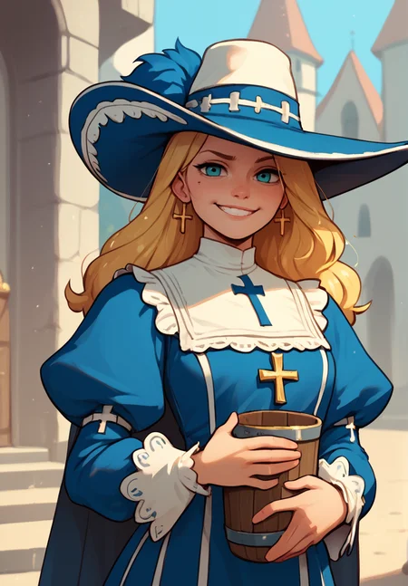 1girl, blonde hair, smug, grin,
<lora:Musketeer:1> musketeer, mu$k3t33r <lora:Noss:0.8> noss, cartoon, blue clothes, cross,, score_9, score_8_up, score_7_up, score_6_up, score_5_up, score_4_up, BREAK